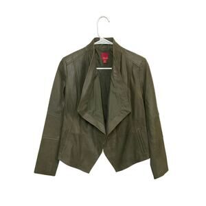 G.I.L.I. Leather Moto Jacket Women’s Sz 2 XS Green Draped Open Front HerringBone